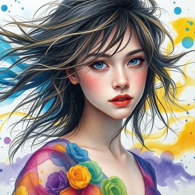 The primary subject of the image is a woman with long hair, wearing a colorful dress. She is looking at the camera with a pouty expression. The setting is a painting, which showcases the woman's beauty and the vibrant colors of her dress. The visual style is artistic, with the woman being the main focus of the painting. The colors and mood of the painting are lively and captivating, with the woman's eyes being the most prominent feature.